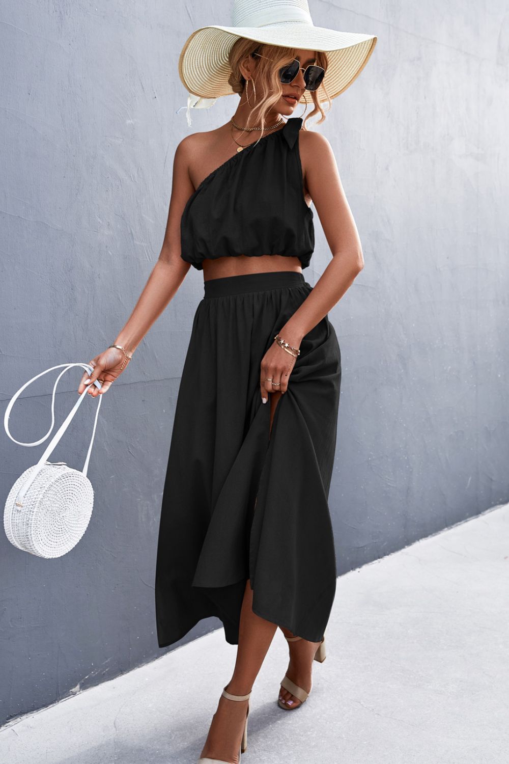 One-Shoulder Sleeveless Cropped Top and Skirt Set