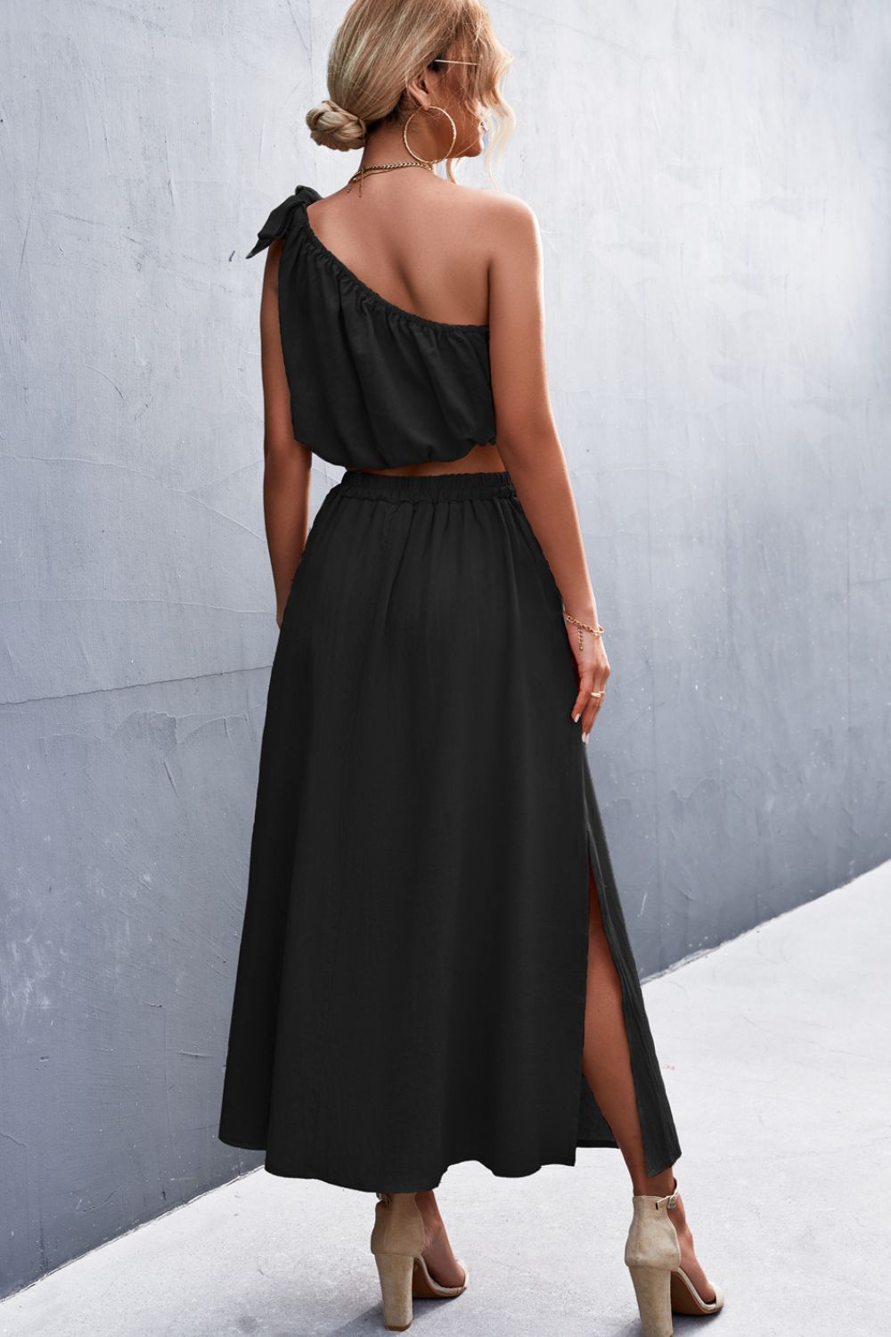 One-Shoulder Sleeveless Cropped Top and Skirt Set
