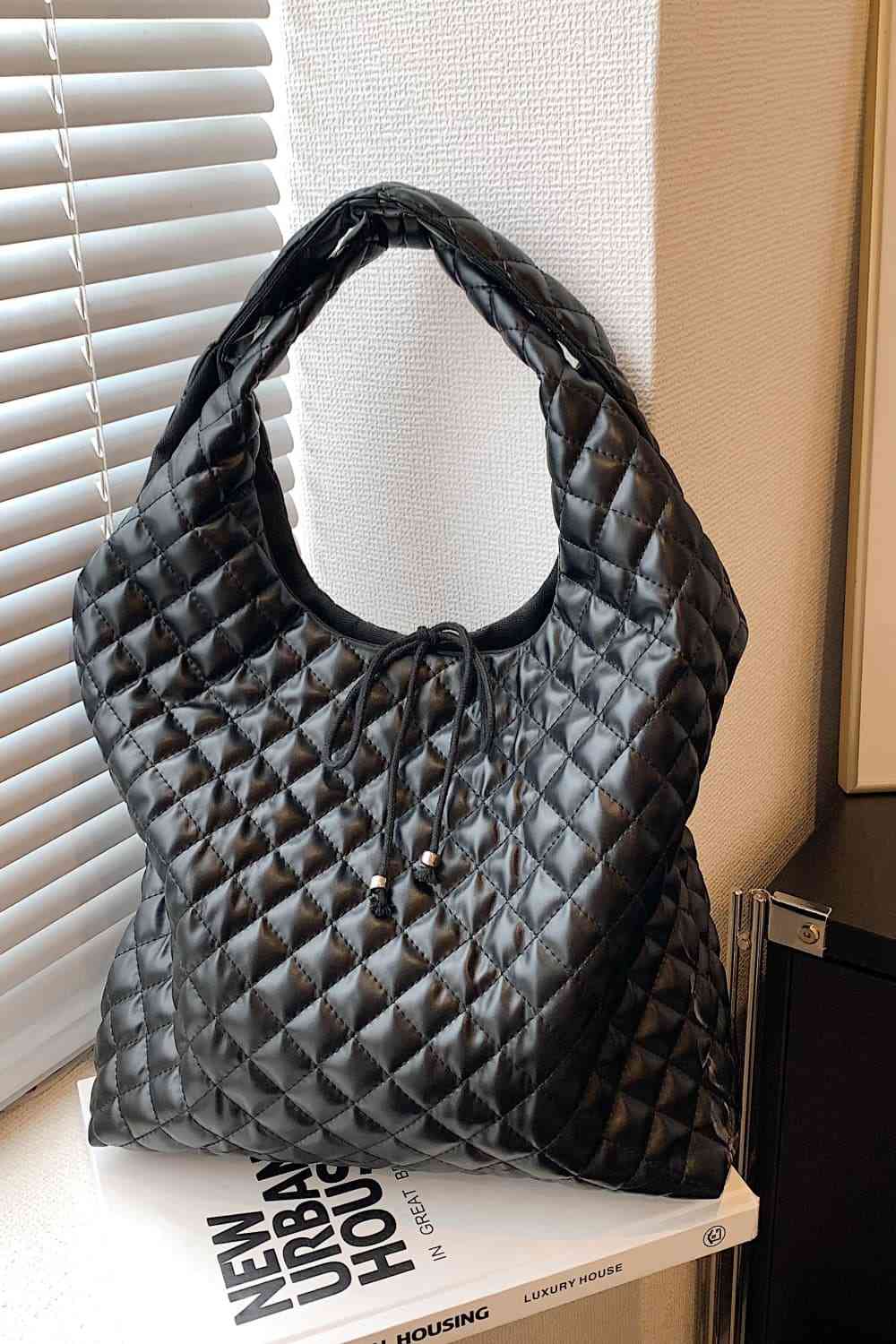 Black Quilted Oversized PU Leather Handbag