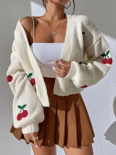 Cherry Graphic Open Front Dropped Shoulder Cardigan