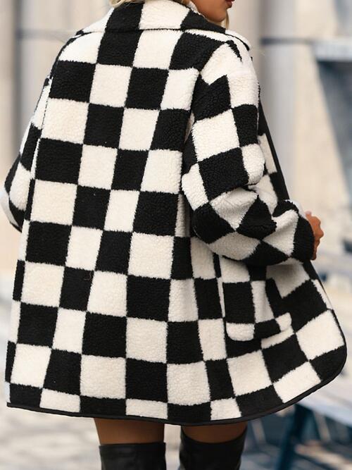 Adeleine Full Size Checkered Button Front Coat with Pockets