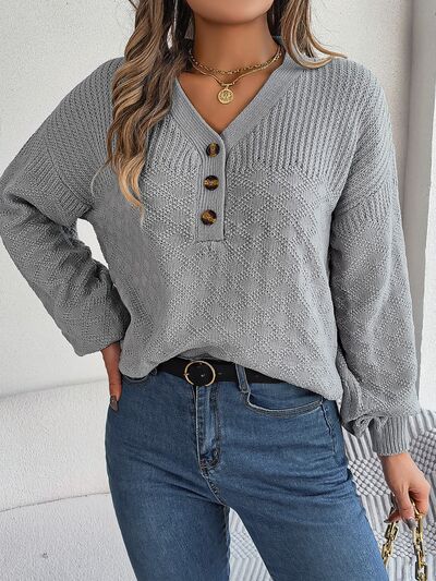 Half Button V-Neck Long Sleeve Sweater