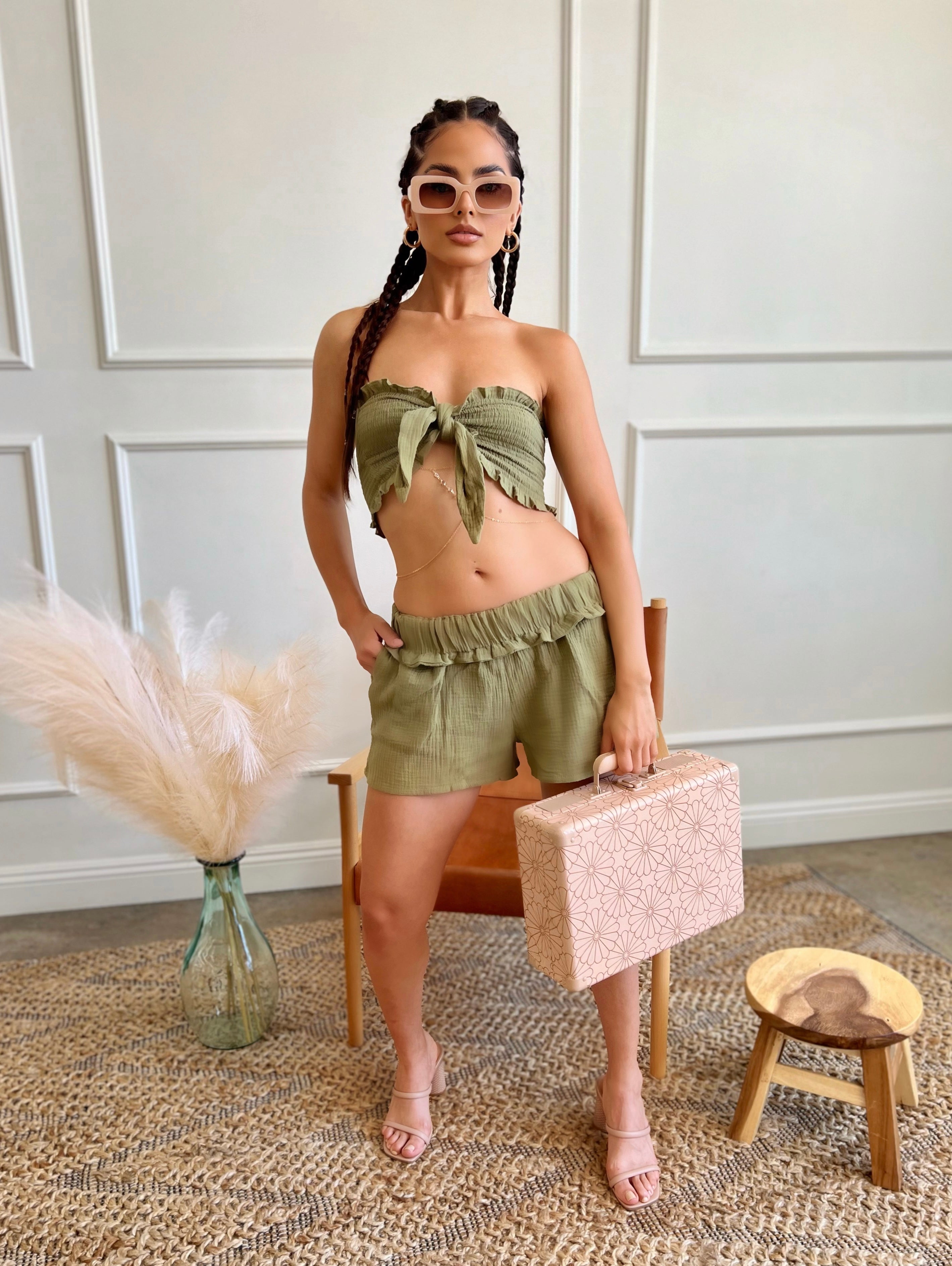 Lucia Olive Green Two Piece Crop Top & Shorts Set - Lylah's