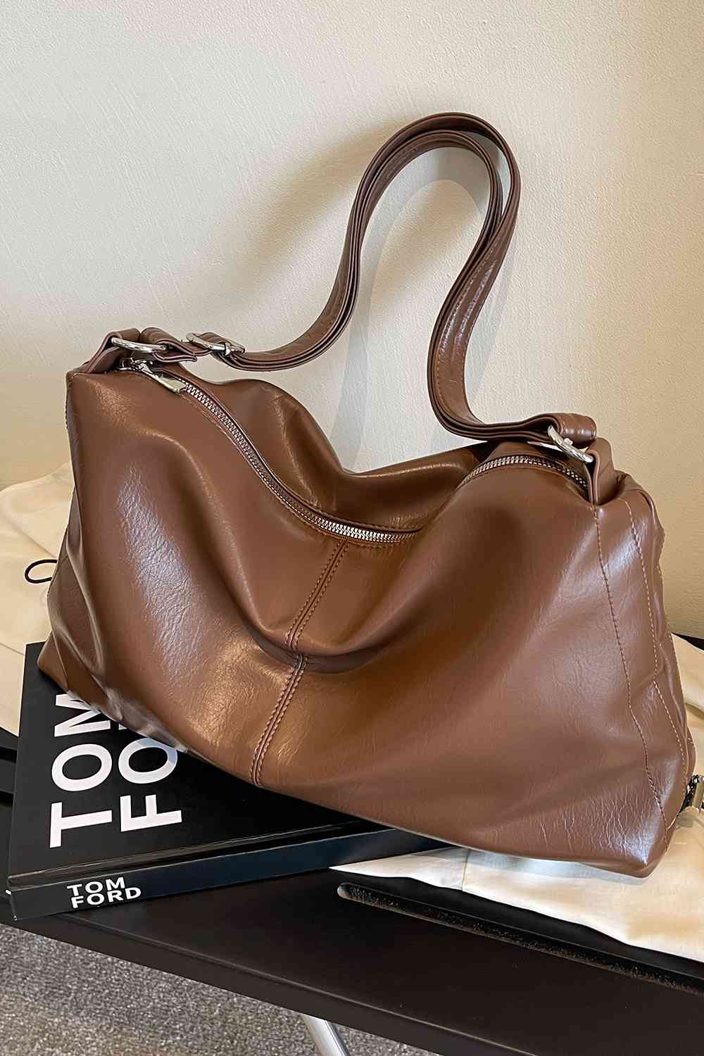 Brown Oversized PU Leather Shoulder Bag