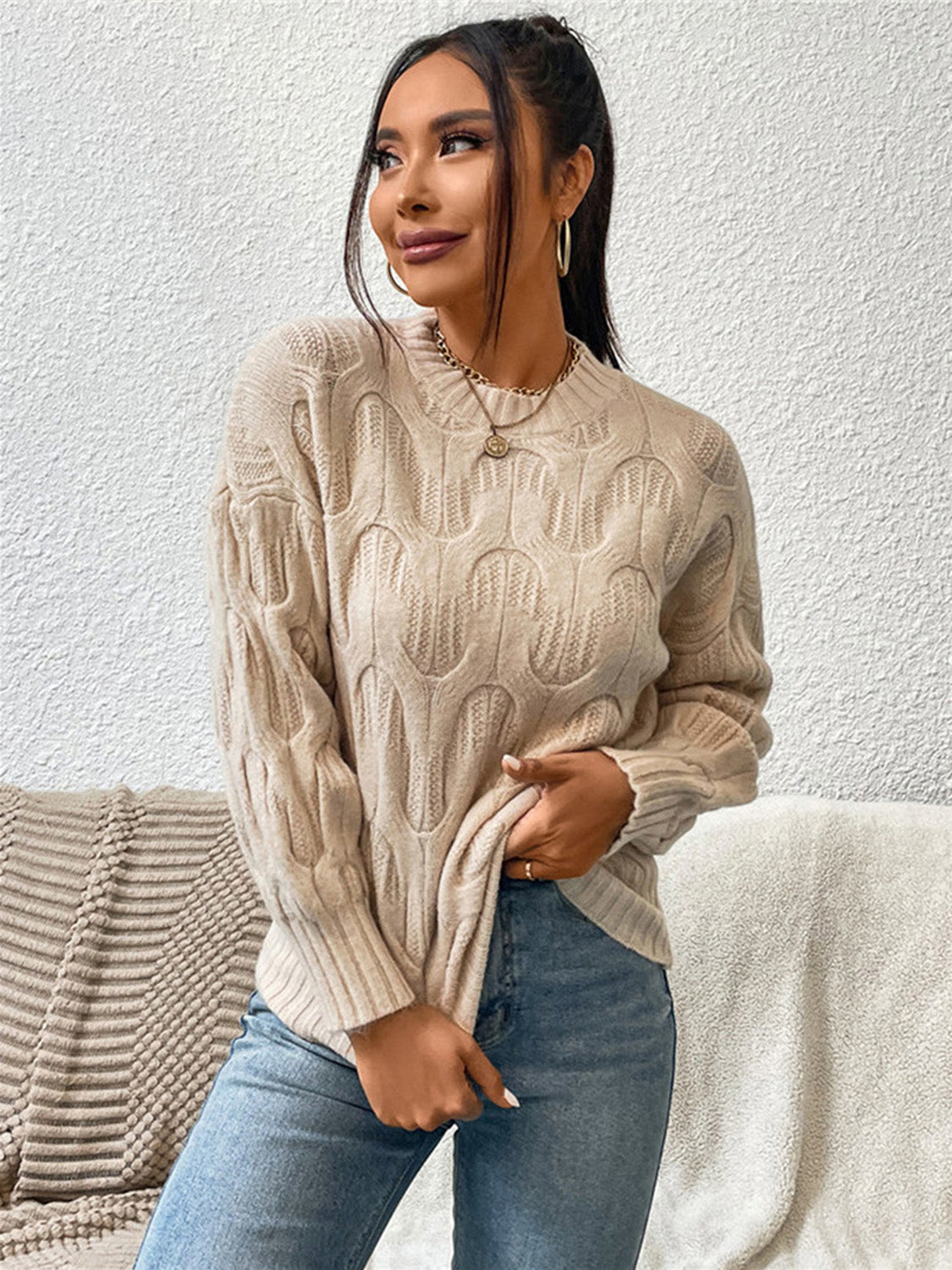Haley Round Neck Long Sleeve Sweater - Lylah's